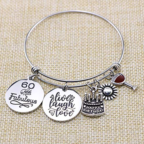 Memgift Birthday Gifts for Women 13th 16th 18th 21st 30 40 50 60 65 70 80 90 Fabulous Live Laugh Love Cake Charms Expandable Bracelet Gift Jewelry for Her