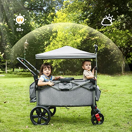EVER ADVANCED Foldable Wagons for Two Kids & Cargo, Collapsible Folding Stroller with Adjustable Handle Bar,Removable Canopy with 5-Point Harness Gray