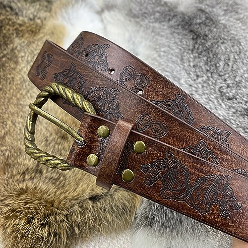 HiiFeuer Medieval Embossed O Ring Belt with Nordic Embossed Belt Bag, Vintage Faux Leather Belt and Belt Pouch Set for LARP