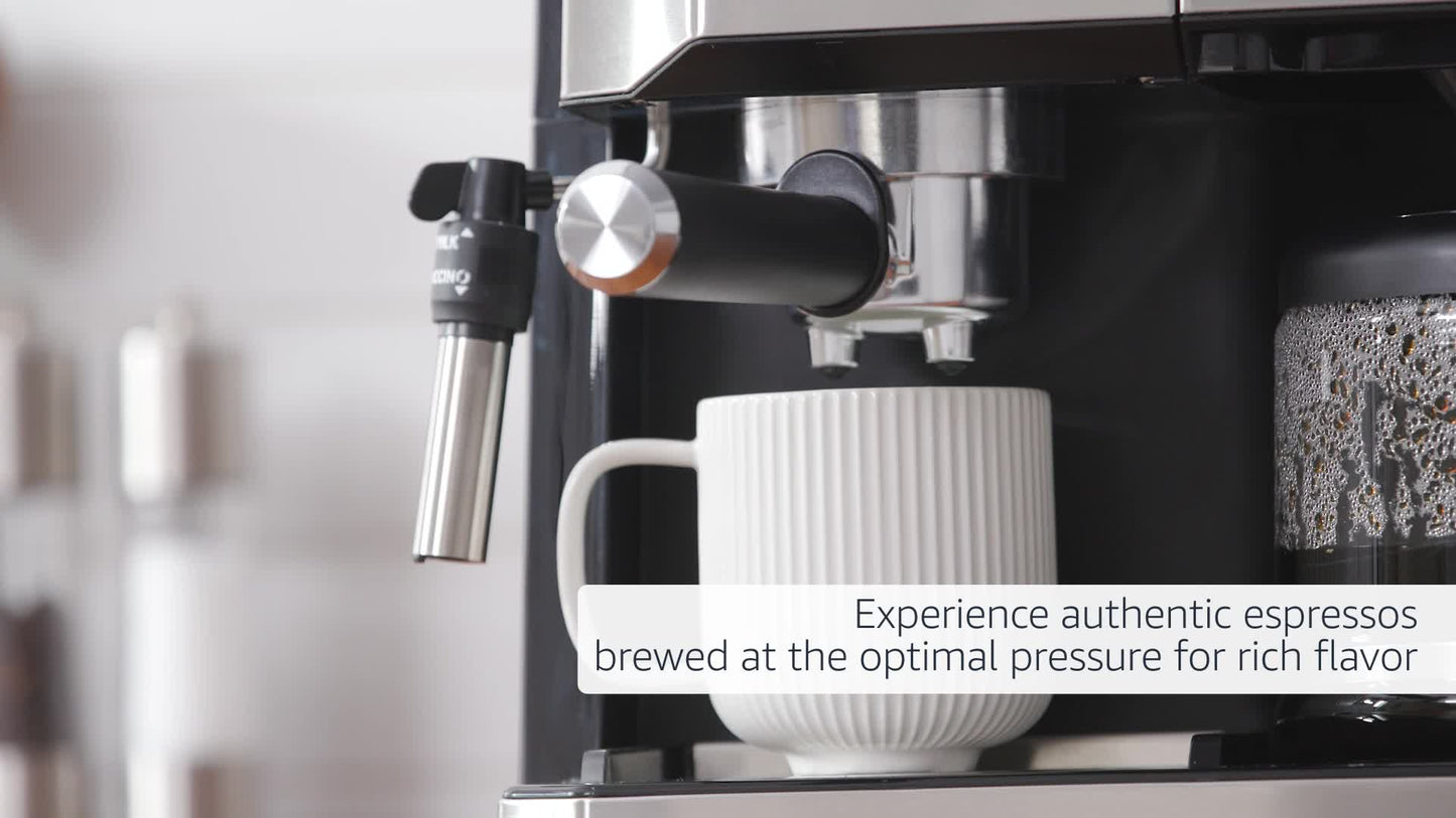 De'Longhi All-in-One Combination Coffee Maker & Espresso Machine + Advanced Adjustable Milk Frother for Cappuccino & Latte + Glass Coffee Pot 10-Cup, COM532M black