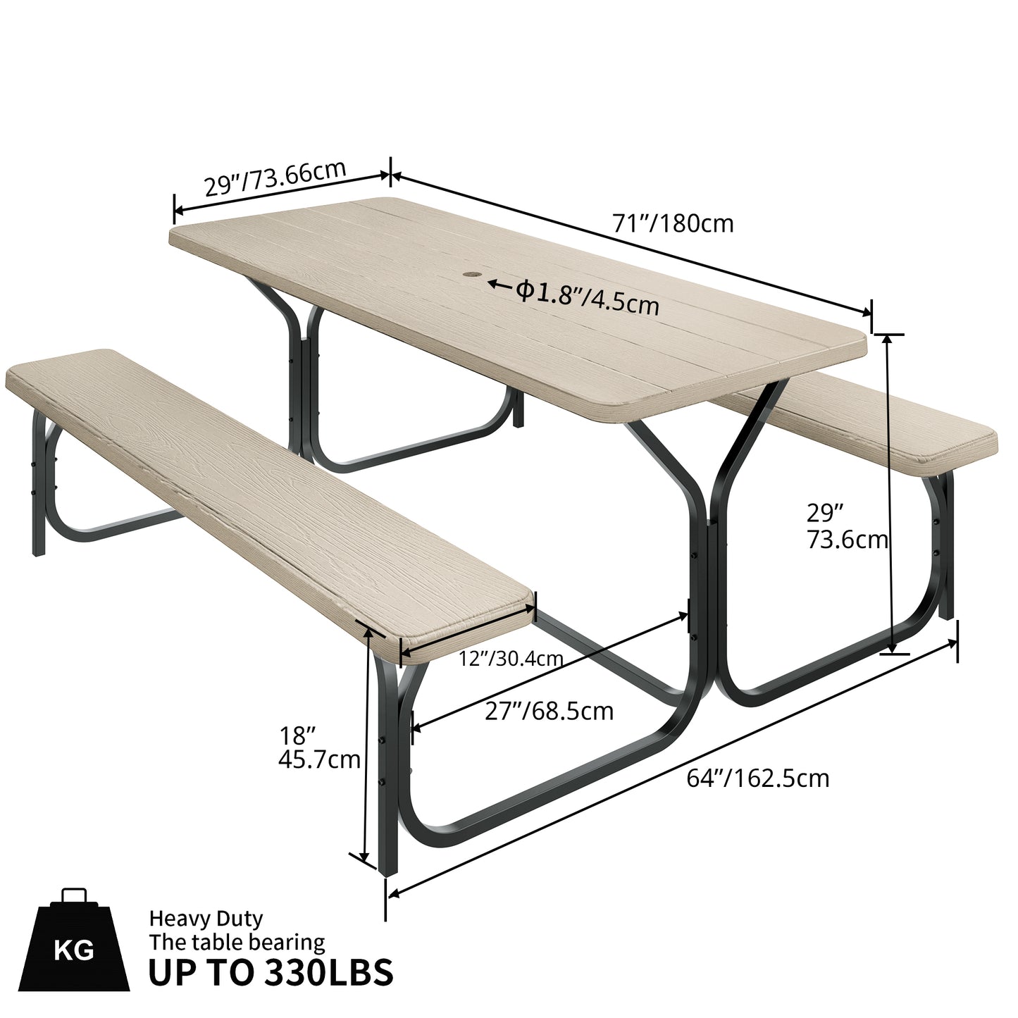 Dextrus Picnic Table Bench Set 6 ft Outdoor Camping with Umbrella Hole, Light Brown