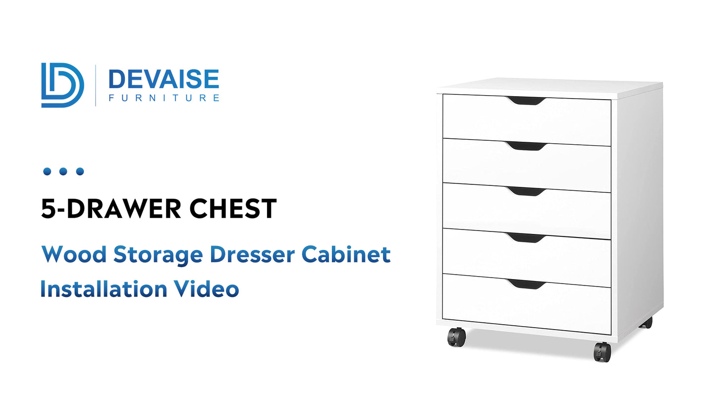 DEVAISE 5-Drawer Chest, Wood Storage Dresser File Cabinet with Wheels, Black