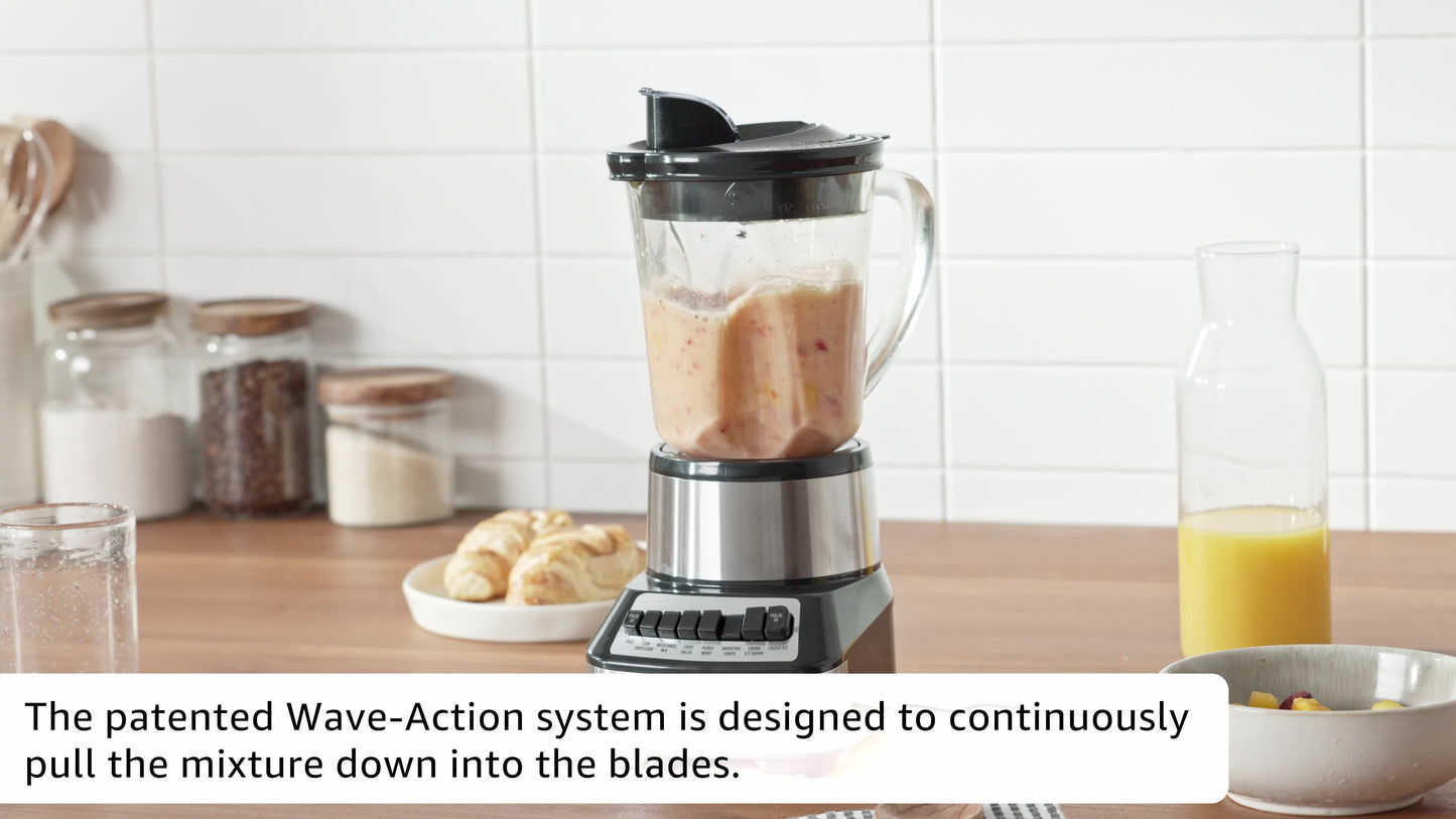 Hamilton Beach Wave Crusher Blender For Shakes and Smoothies With 40 Oz Glass Jar and 14 Functions, Ice Sabre Blades & 700 Watts for Consistently Smooth Results, Black + Stainless Steel (54221)