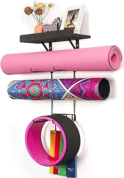 Bikoney Yoga Mat Holder Wall Mount Yoga Mat Storage Home Gym Accessories with Wood Floating Shelves and 4 Hooks for Hanging Foam Roller and Resistance Bands Fitness Home Gym