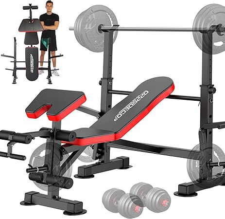 OPPSDECOR 8 in 1 650lbs Weight Bench Adjustable Workout Bench Set with Squat Rack Olympic Weight Bench Strength Training Leg Developer Preacher Curl and Barbell Rack Incline Seat for Home Gym OPX496