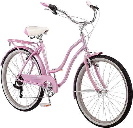 Schwinn Perla Adult Beach Cruiser Bike, Men and Women, 18-Inch Step-Through Steel Frame, 26-Inch Wheels, 7-Speed Twist Shifters, Rear Rack, Front and Rear Fenders