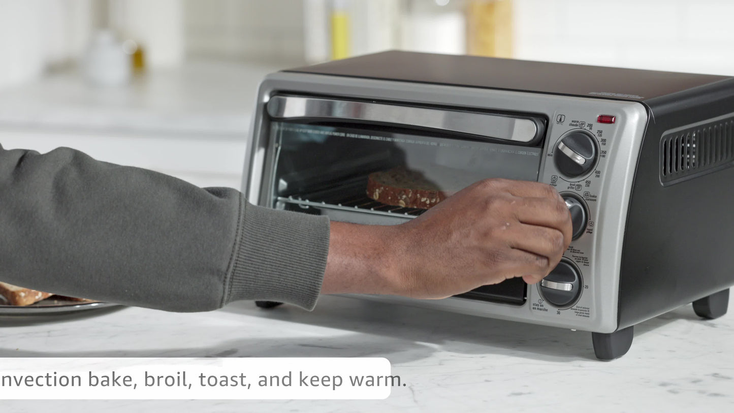 BLACK+DECKER 4-Slice Toaster Oven, TO1313SBD, Even Toast, 4 Cooking Functions Bake, Broil, Toast and Keep Warm, Removable Crumb Tray, Timer
