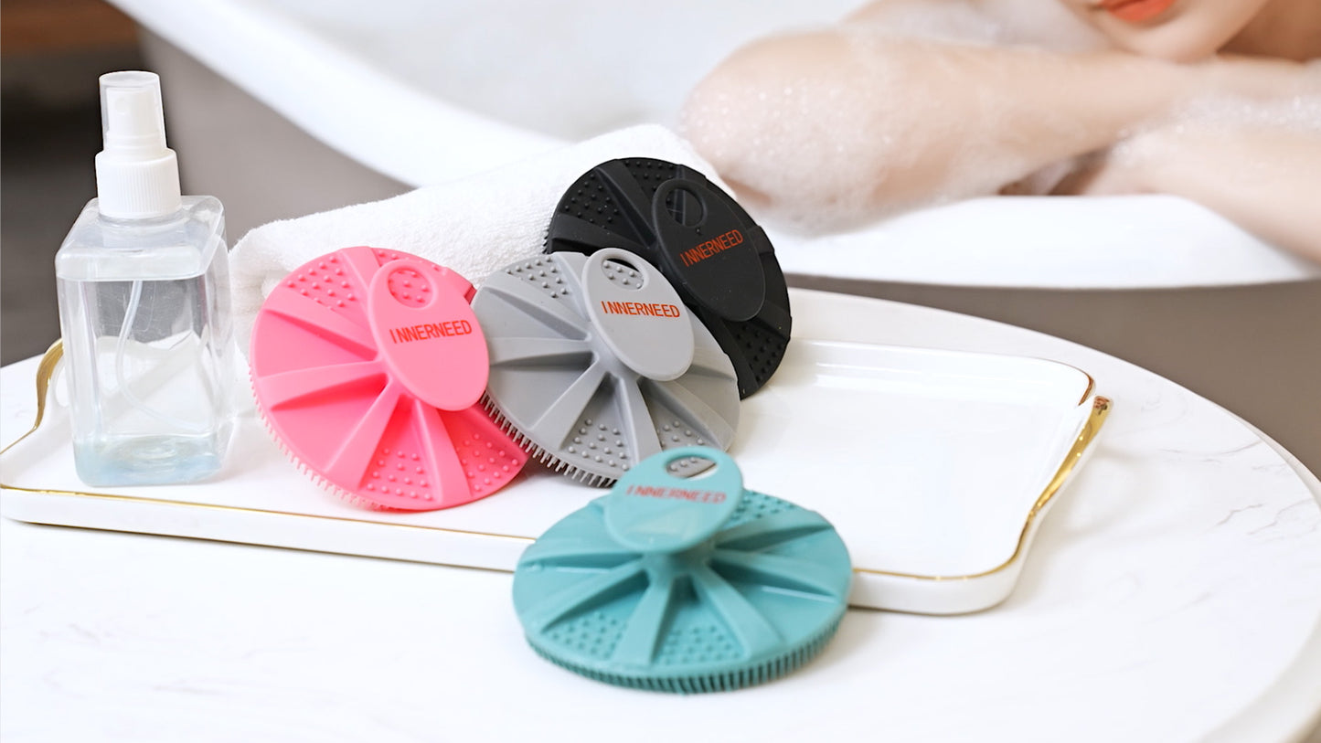 INNERNEED Food-Grade Soft Silicone Body Scrubber Shower Brush Handheld Cleansing Skin Brush, Gentle Exfoliating and Lather Well (Black)