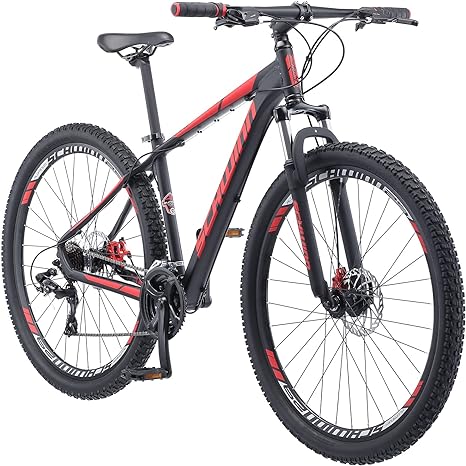 Schwinn Bonafide Men and Women Mountain Bike, Front Suspension, 24-Speed, 29-Inch Wheels, 17-Inch Aluminum Frame, Matte Black/Red