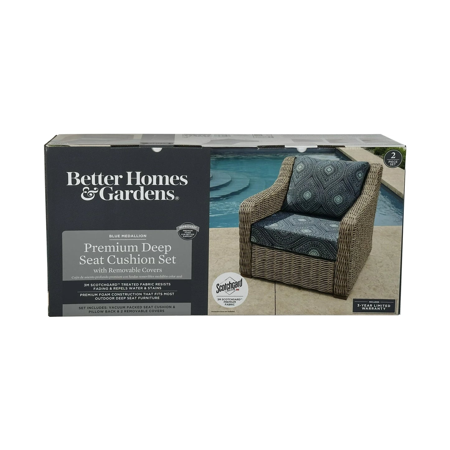 Better Homes & Gardens Blue Medallion Outdoor 24" x 24" 2 Piece Deep Seat Cushion Set