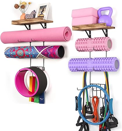 Bikoney Yoga Mat Holder Wall Mount Yoga Mat Storage Home Gym Accessories with Wood Floating Shelves and 4 Hooks for Hanging Foam Roller and Resistance Bands Fitness Home Gym