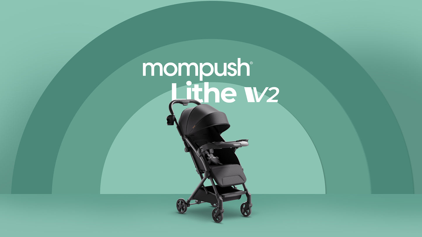 Mompush Lithe V2 Lightweight Stroller + Snack Tray, Ultra-Compact Fold & Airplane Ready Travel Stroller, Near Flat Recline Seat, Cup Holder, Raincover & Travelbag Included