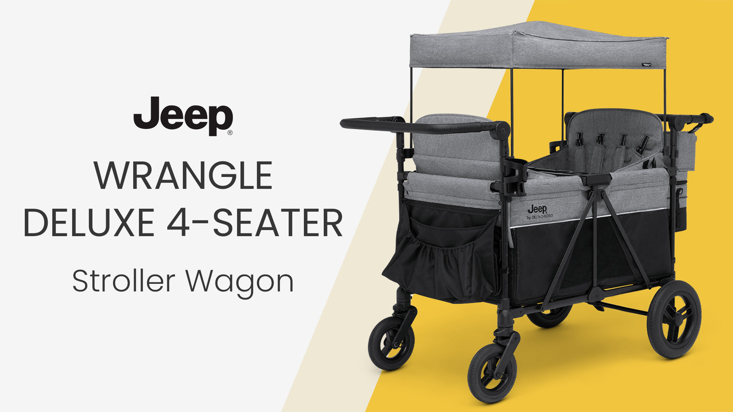 Jeep Wrangler Deluxe 4 Seater Stroller Wagon by Delta Children - Premium Quad Stroller Wagon for 4 Kids with Convertible Seats, Adjustable Push/Pull Handles, Removable Canopy & Flat Fold, Grey