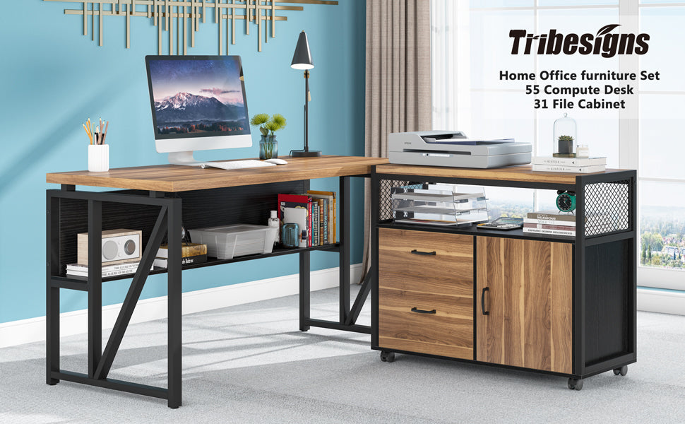 Tribesigns 55-inch L Shaped Desk with Drawer Cabinet, Executive Computer Desk and lateral File Cabinet, 2 Piece Home Office Furniture with Drawers for Hanging File, Doors with Locks (Brown, 55 inches)