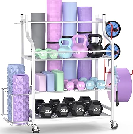 Mythinglogic Yoga Mat Storage Racks,Home Gym Storage Rack for Dumbbells Kettlebells Foam Roller, Yoga Strap and Resistance Bands, Workout Equipment Storage Organizer With Hooks and Wheels