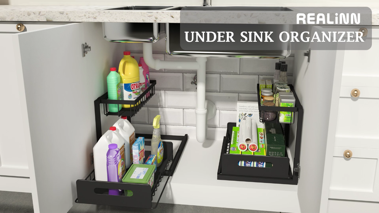 REALINN Under Sink Organizer and Storage, 2 Pack Pull Out Cabinet Organizer Slide Out Sink Shelf Cabinet Storage Shelves, Under Sink Storage for Kitchen Bathroom Cabinet