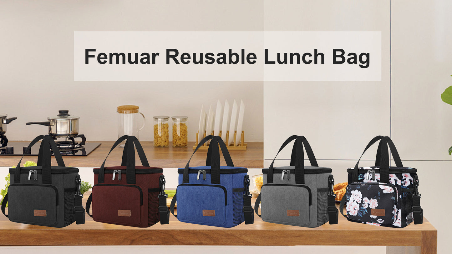 Femuar Reusable Lunch Box for Men/Women - Insulated Lunch Bag Leakproof Lunchbox for Work Office Picnic Beach - Freezable Lunch Cooler Bag with Adjustable Shoulder Strap - Black