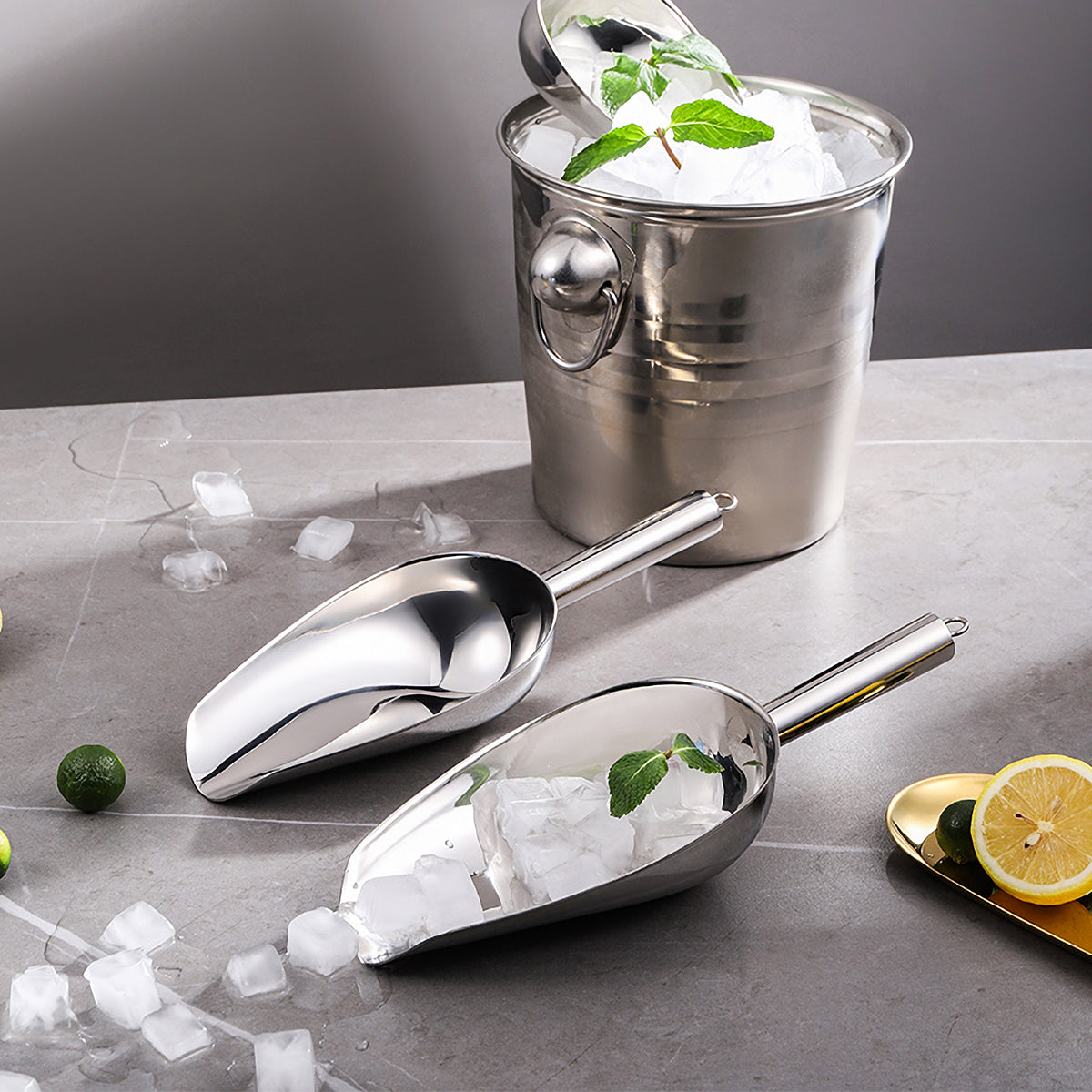 Metal Ice Scoop 6 Oz，Kitchen Ice Scooper for Ice Maker, Small Food Scoops for Bar Party Wedding Pet Dog Food, Stainless Steel Silver