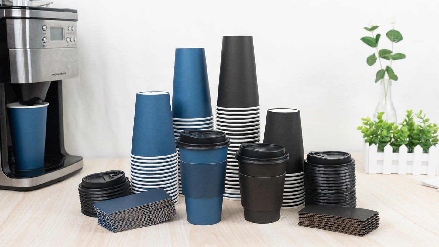 100 Pack 16 oz Disposable Coffee Cups with Lids and Sleeves, To Go Paper Cups,Hot & Cold Drinks Cups for Tea, Coffee, Water, Hot Chocolate, Paper Coffee Cups Ideal for Home,Cafes,Restaurant,Store