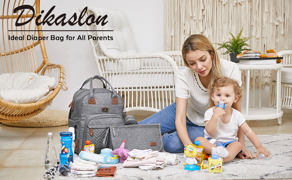 Dikaslon Diaper Bag Backpack with Portable Changing Pad, Pacifier Case and Stroller Straps, Large Unisex Baby Bags for Boys Girls, Multipurpose Travel Back Pack Moms Dads, Gray