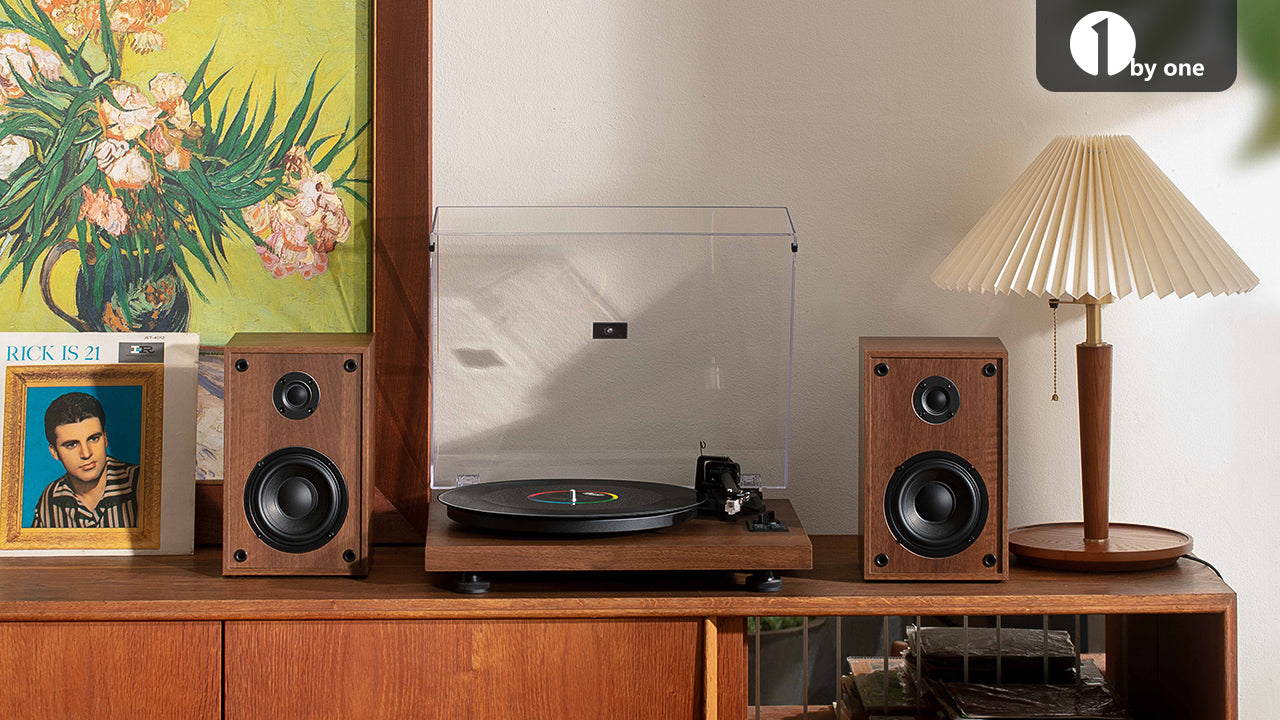 1 by ONE Bluetooth Turntable HiFi System with 36 Watt Bookshelf Speakers, Patend Designed Vinyl Record Player with Magnetic Cartridge, Bluetooth Playback and Auto Off