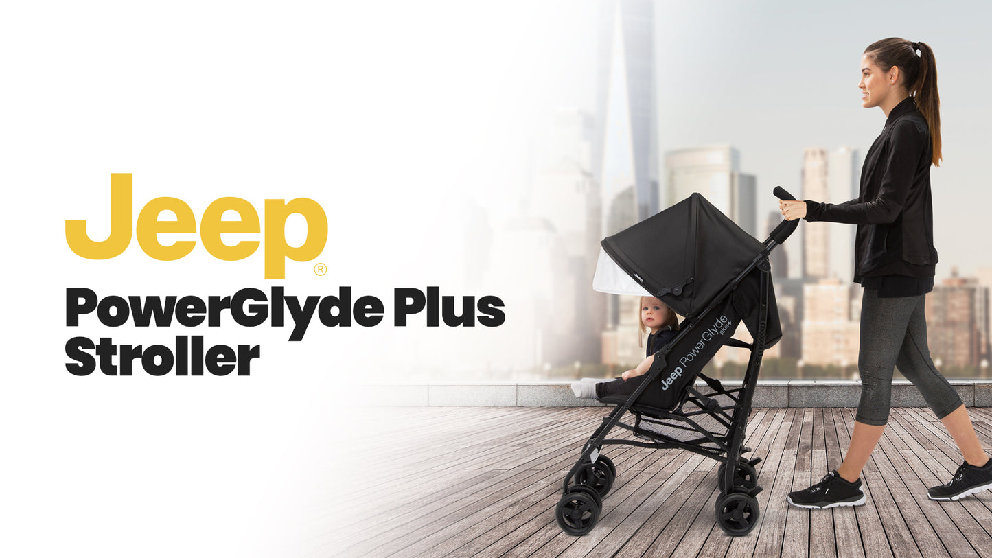 Jeep PowerGlyde Plus Stroller by Delta Children Lightweight Travel Stroller with Smoothest Ride, Aluminum Frame, 4-Position Recline, Extra Large Storage Basket, Grey