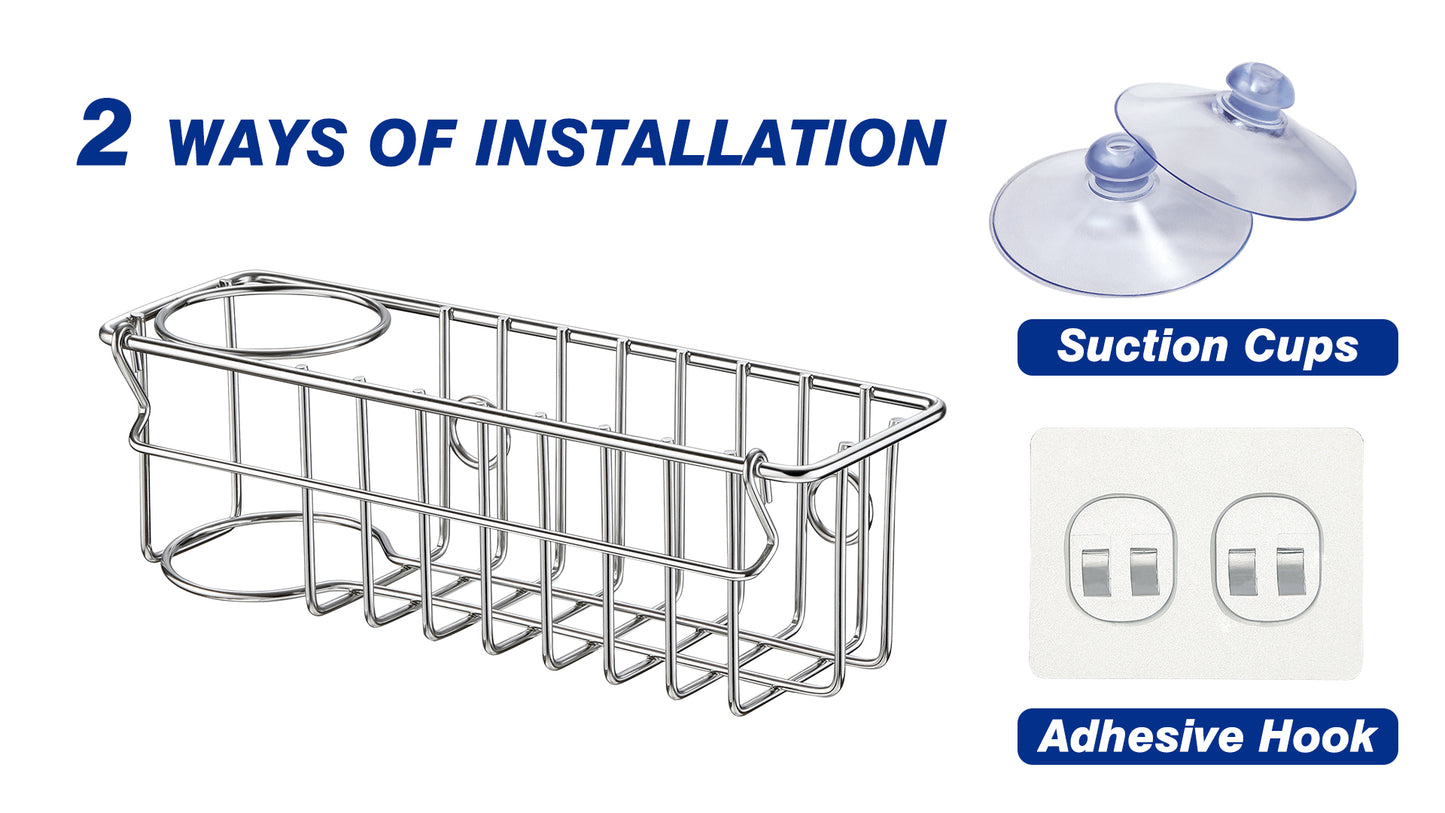 3-In-1 Sponge Holder for Kitchen Sink, 2 Suspension Options(Suction Cups & Adhesive Hook), Hanging Sink Caddy Organizer Rack - Sponge, Dish Cloth, Brush, Scrubber, Soap Tray, 304 Stainless Steel