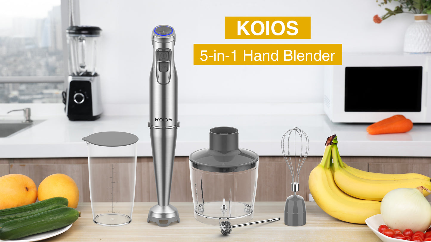 KOIOS 1100W Immersion Hand Blender, Stainless Steel Stick Blender with 12-Speed & Turbo Mode, 5-in-1 Handheld Blender with 600ml Mixing Beaker with Lid, 500ml Chopper, Whisk, Milk Frother, BPA-Free