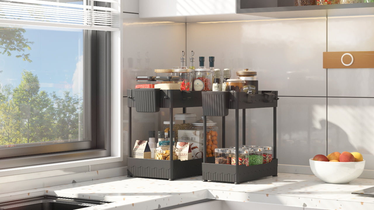 2 Pack Under Sink Organizer, Under Bathroom Cabinet Organizer with Hooks Hanging Cup, Multi-Purpose Storage Shelf for Kitchen Bathroom, Black