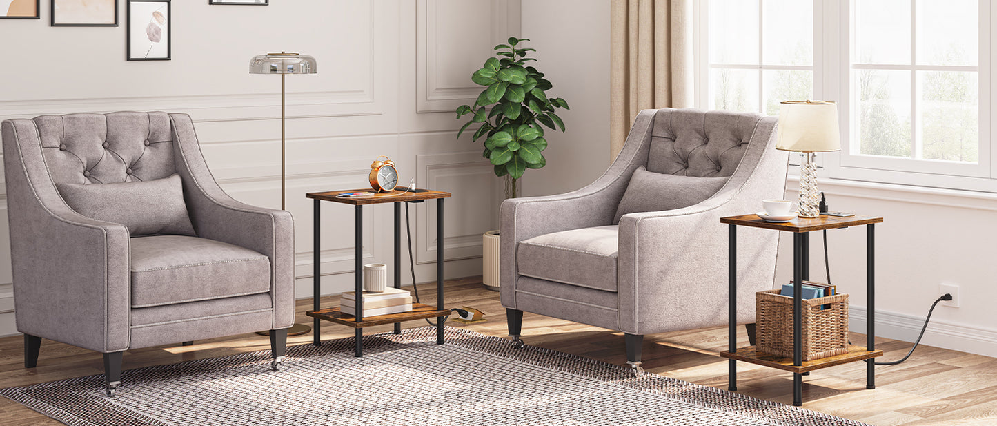 HOOBRO Side/End Table with Charging Station, USB Ports and Outlet, Nightstand with 2-Layer Storage Shelves for Small Spaces, Living Room, Bedroom, Stable Frame, Rustic Brown BF09UBZ01