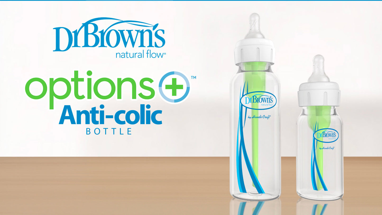 Dr. Brown's Natural Flow Anti-Colic Options+ Narrow Baby Bottle, 8 oz/250 mL, with Level 1 Slow Flow Nipple, 0m+, 4 count