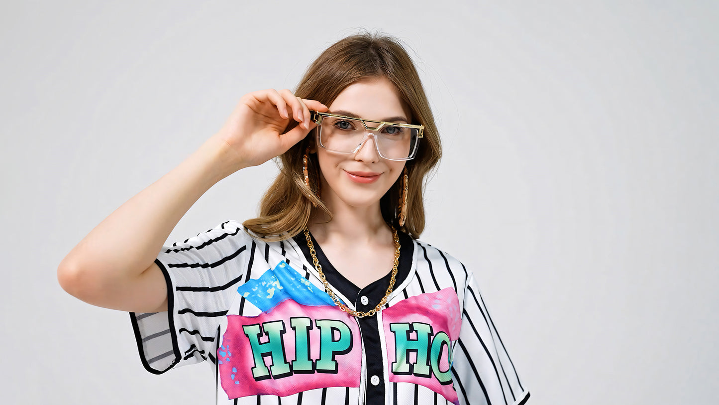 WILDPARTY 80s 90s Outfit for Women, Unisex Hip Hop Costume Baseball Jersey Shirt Yoga Pants Rapper Accessories