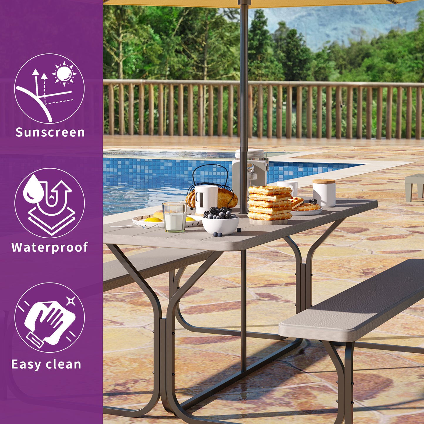 Dextrus Picnic Table Bench Set 6 ft Outdoor Camping with Umbrella Hole, Light Brown