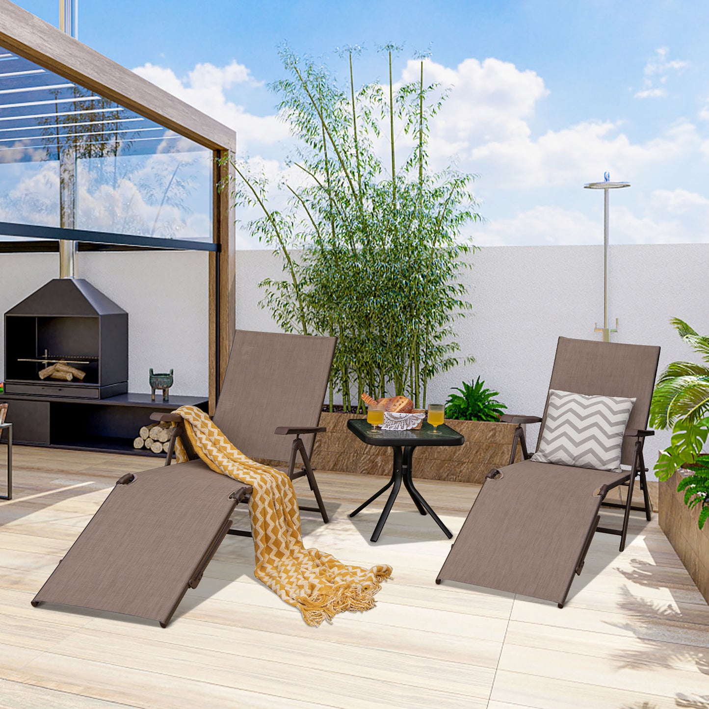 Gymax Set of 2 Outdoor Adjustable Chaise Lounge Chair Patio Folding Recliner Lounge Brown