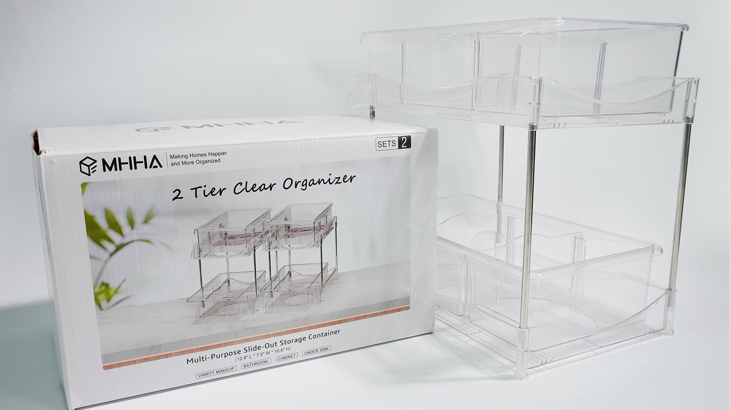 2 Pack Bathroom Cabinet Organizer, 2 Tier Clear Under Sink Organizers and Storage Medicine Cabinet Organizer with Dividers, Pull Out Kitchen Pantry Shelf Cupboard Closet Vanity Organization Bins