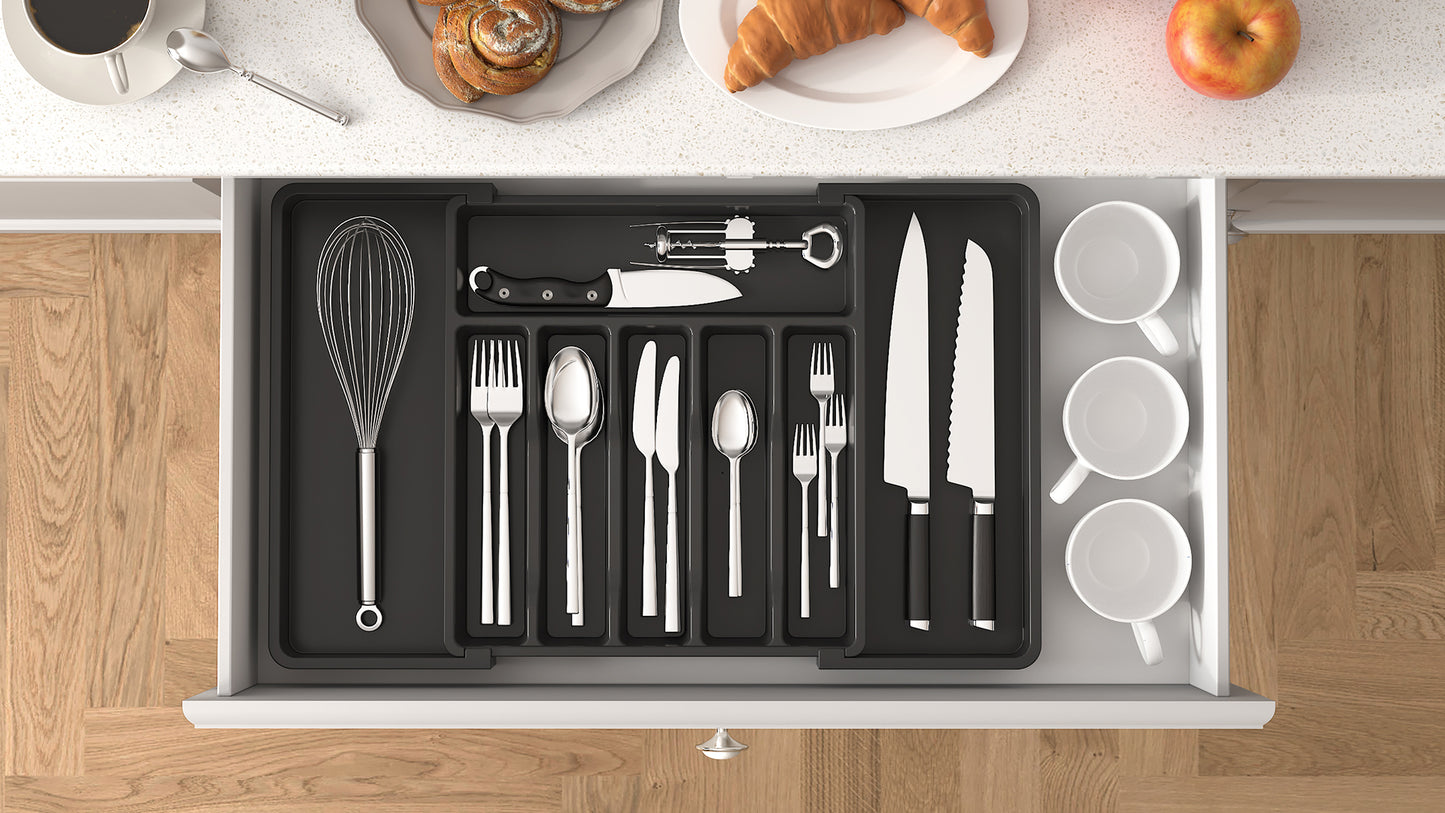 Lifewit Silverware Drawer Organizer, Expandable Utensil Tray for Kitchen, BPA Free Flatware and Cutlery Holder, Adjustable Plastic Storage for Spoons Forks Knives, Large, Black
