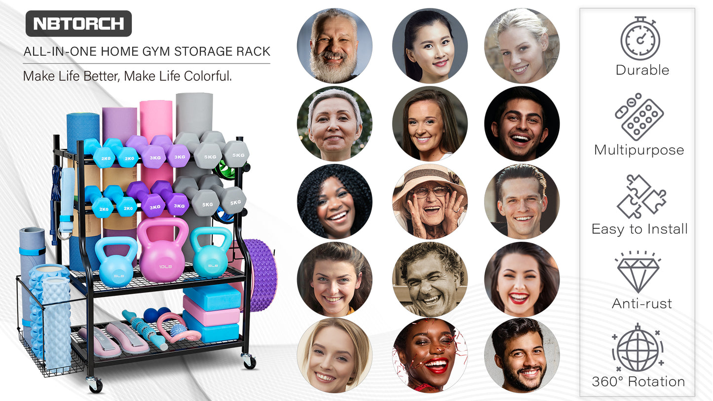 Dumbbell Rack, Yoga Mat Storage Rack - Weight Rack for Dumbbells, Home Gym Storage Rack for Yoga Mat, Dumbbells and Kettlebells, All in One Workout Equipment Storage with Caster Wheels