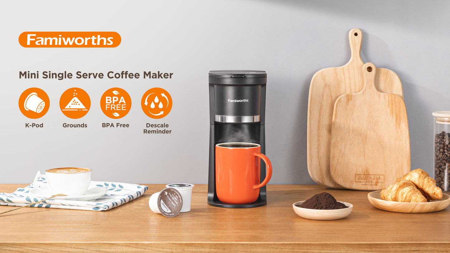 Famiworths Mini Coffee Maker Single Serve, Instant One Cup for K Cup & Ground Coffee, 6 to 12 Oz Brew Sizes, Capsule Coffee Machine with Water Window and Descaling Reminder, Black