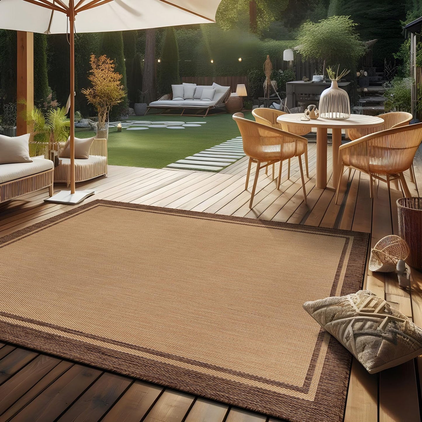 CAMILSON Summer Bordered, Washable Outdoor Indoor Area Rug, Camel, 8x10