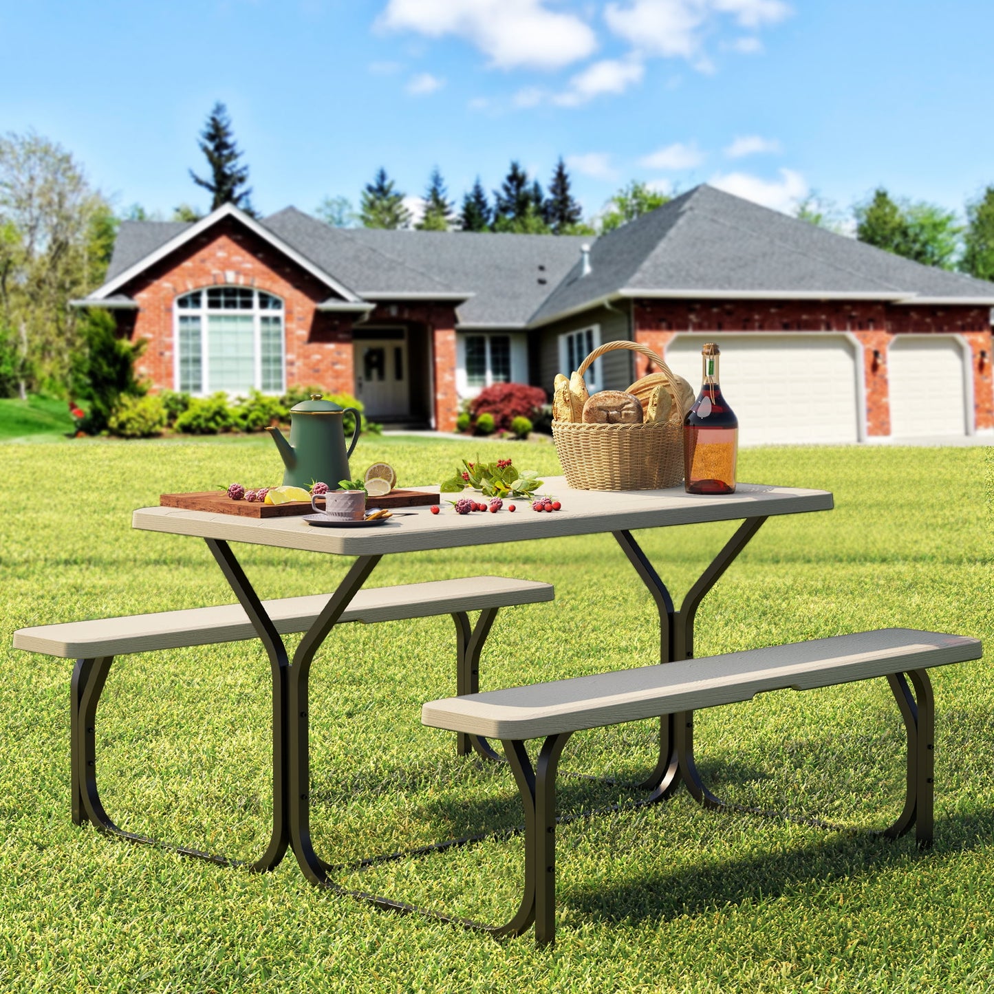 Dextrus Picnic Table Bench Set 6 ft Outdoor Camping with Umbrella Hole, Light Brown