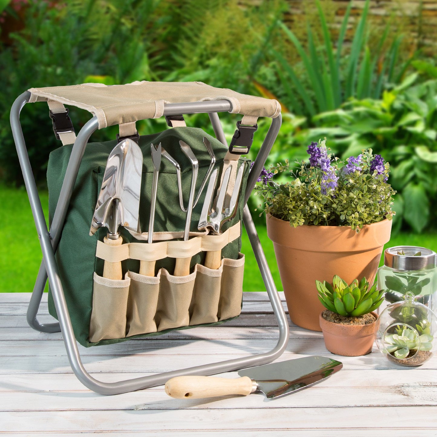 Pure Garden 11.5-inch All-In-One Garden Tool Set, Stool, and Carry Bag