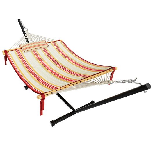 VEIKOUS Two Person Hammock 12FT with Stand and Pillow for Outdoor, Striped Red