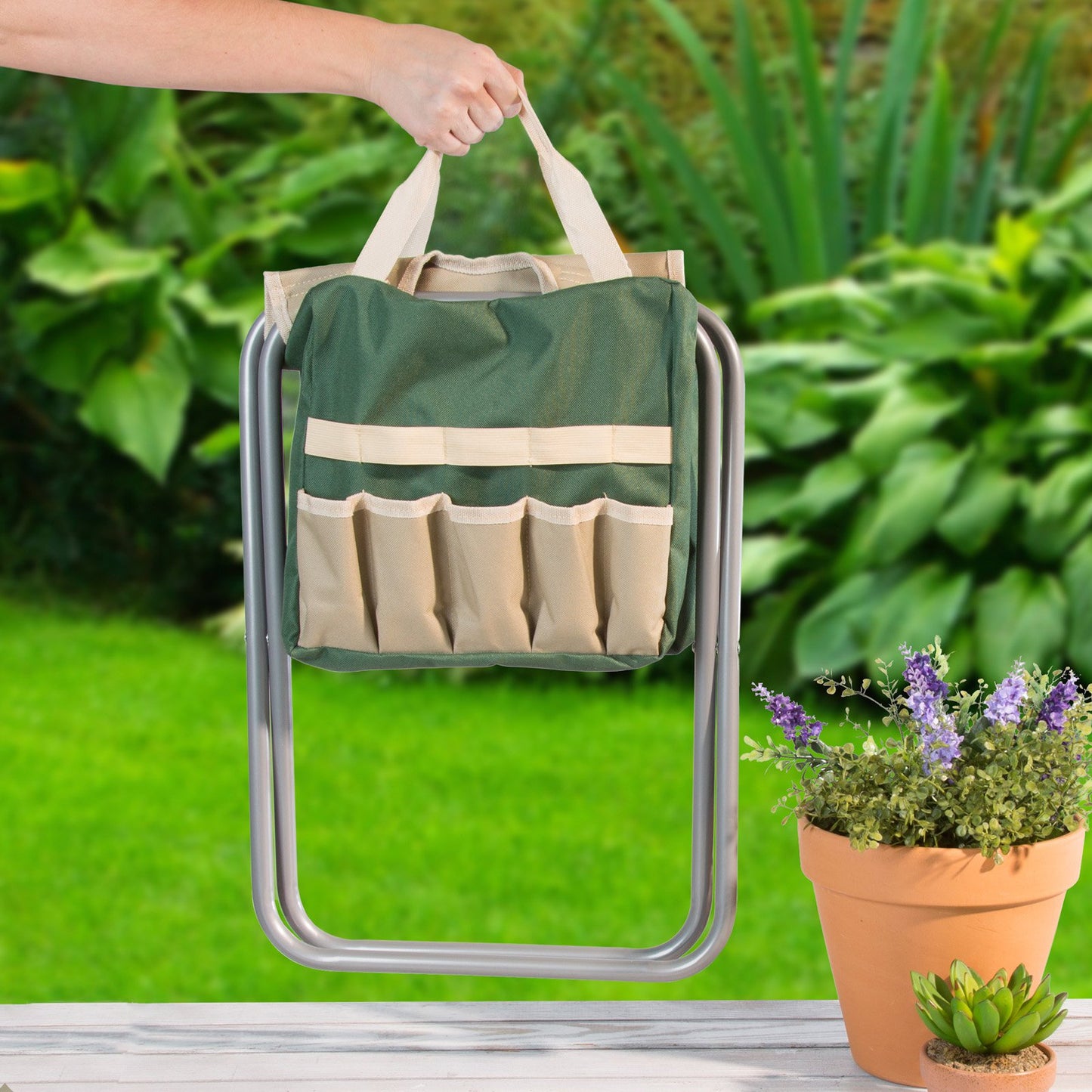Pure Garden 11.5-inch All-In-One Garden Tool Set, Stool, and Carry Bag