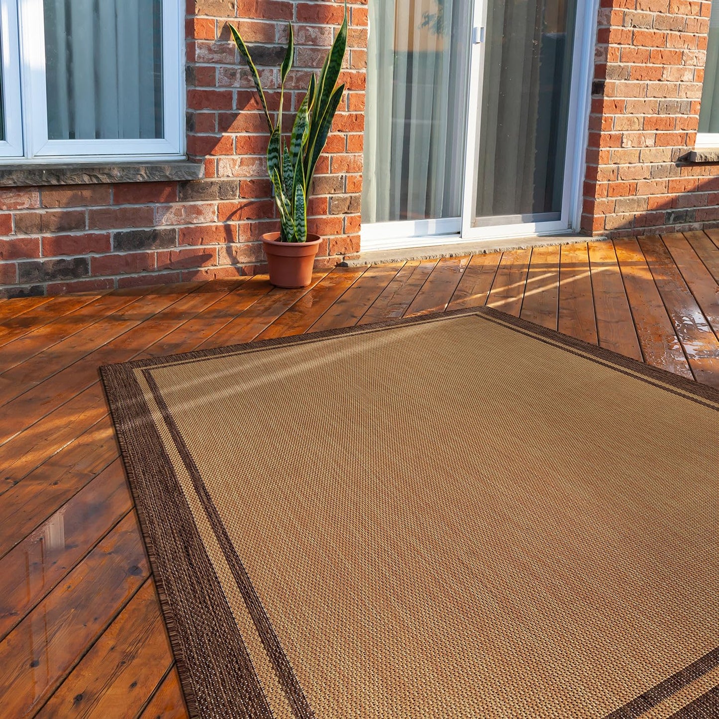 CAMILSON Summer Bordered, Washable Outdoor Indoor Area Rug, Camel, 8x10
