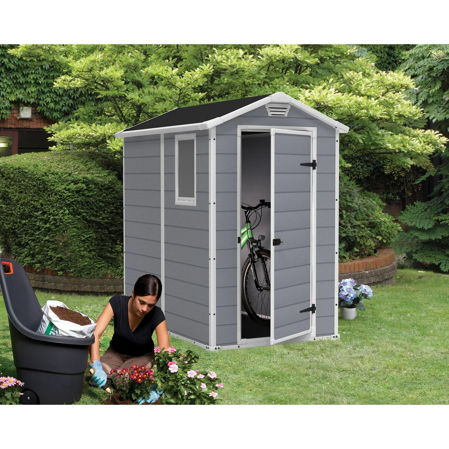 Keter Manor 4' x 6' Resin Storage Shed, All-Weather Plastic Outdoor Storage, Gray and White
