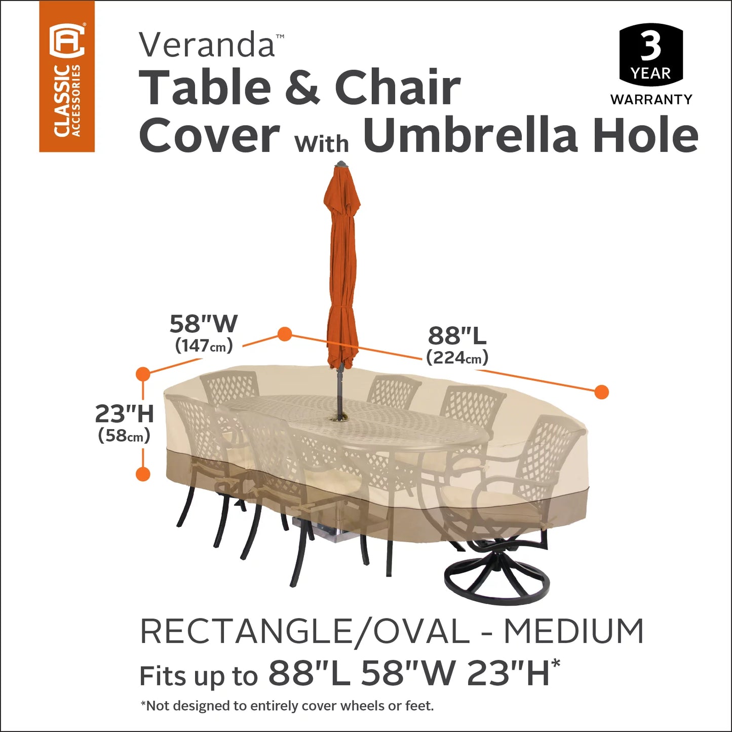 Classic Accessories Veranda Water-Resistant 88 Inch Rectangular/Oval Patio Table & Chair Set Cover with Umbrella Hole