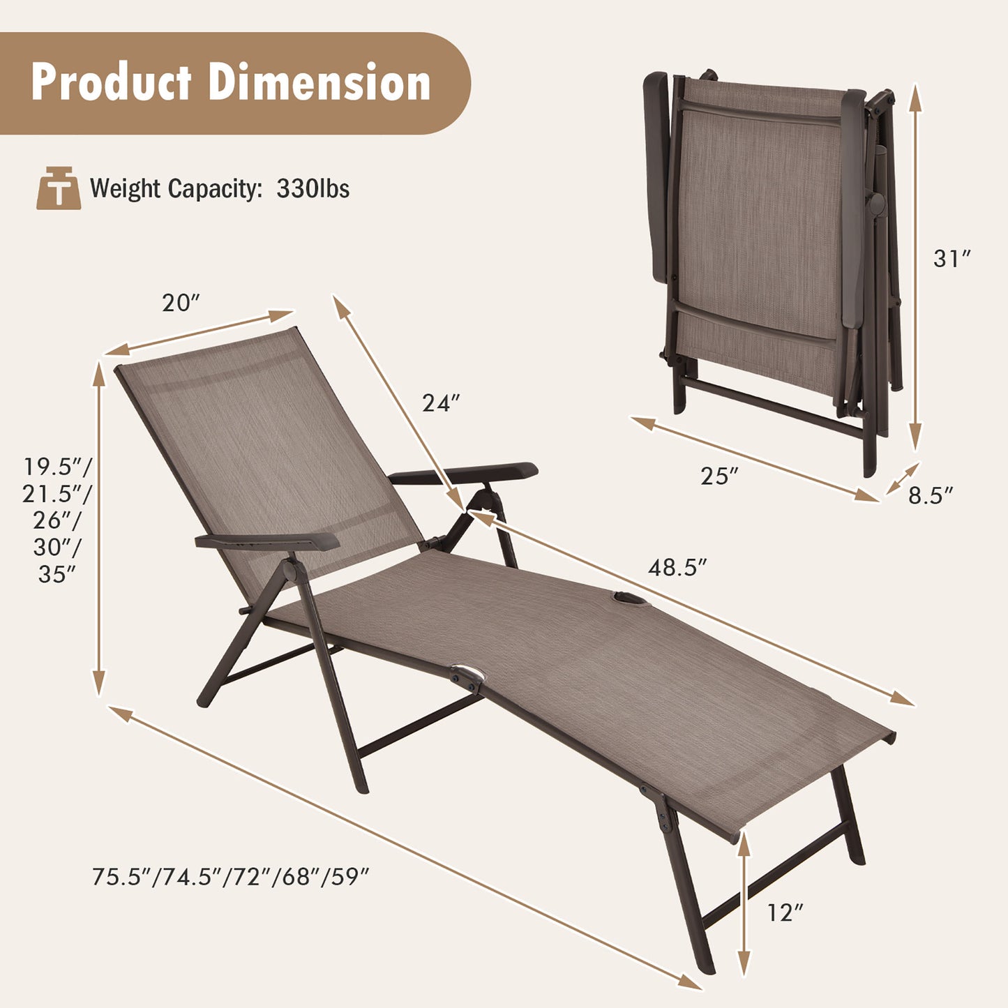 Gymax Set of 2 Outdoor Adjustable Chaise Lounge Chair Patio Folding Recliner Lounge Brown