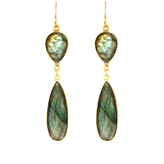 Labradorite Regal Double Earring Drops, Gold
