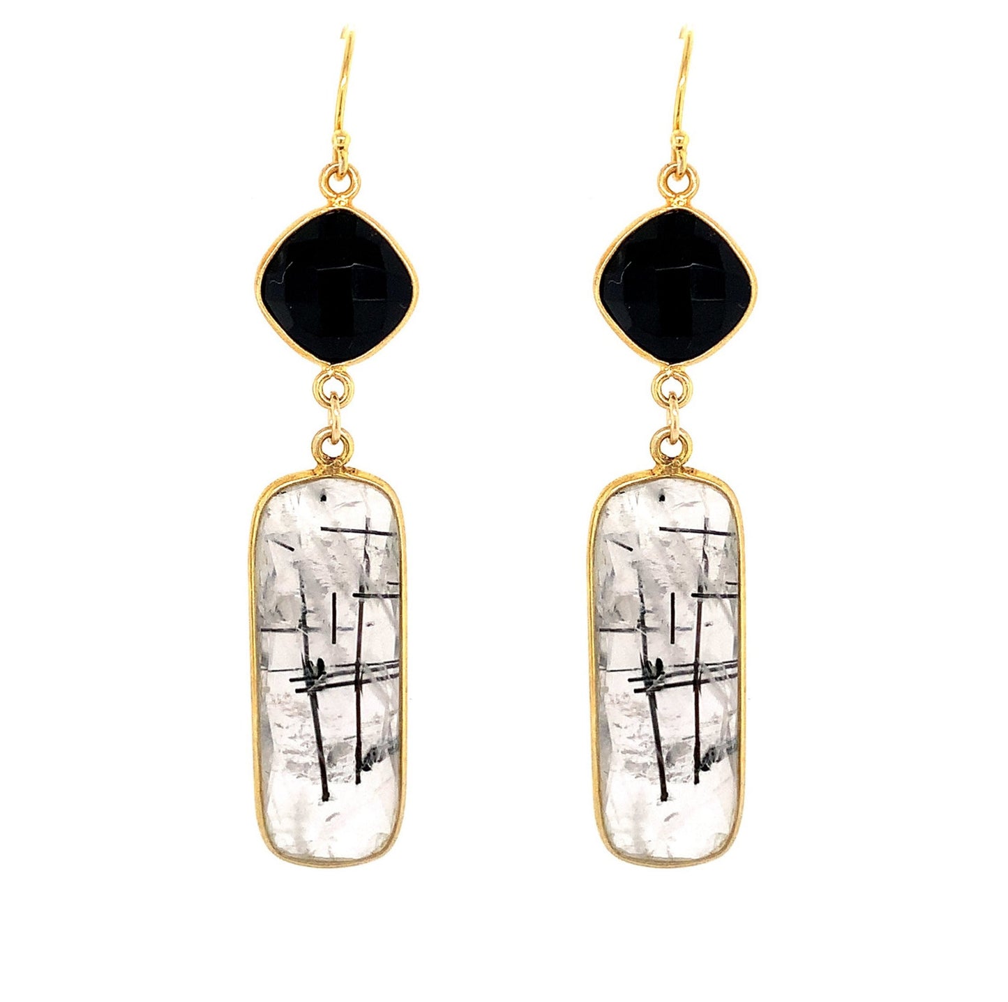 Black Rutilated Quartz Regal Double Earring Drops, Gold