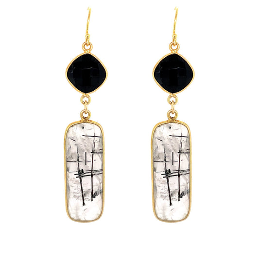Black Rutilated Quartz Regal Double Earring Drops, Gold